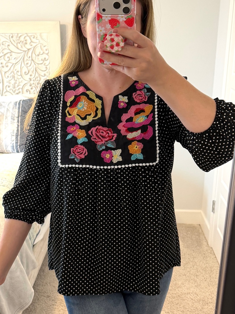 Savanna Jane Black Polka Dot Embroidered Floral Blouse